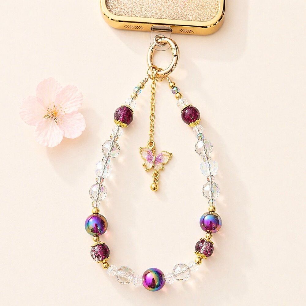 Beaded Phone Wrist Strap Purple Crystal Butterfly Charm Cute Wristlet